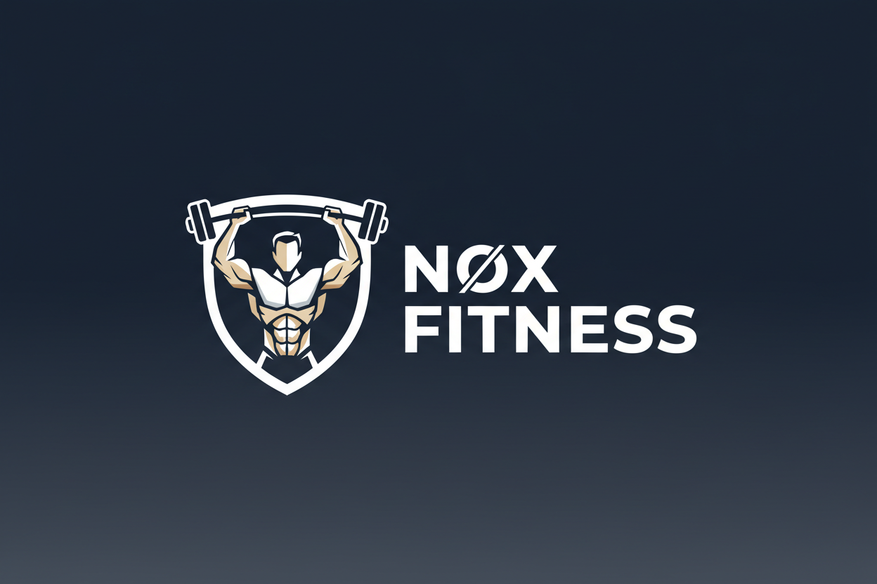 A modern, bold fitness logo on a dark navy-to-charcoal gradient background.
On the left side, there is a shield-shaped emblem outlined in white. Inside the shield is a muscular male figure holding a barbell overhead, symbolizing strength and power. The figure is stylized and illustrated, not realistic. The color palette of the icon uses white, light beige/tan, and dark accents.

To the right of the emblem, the brand name “NØX FITNESS” is written in uppercase, bold, sans-serif font.
	•	The “Ø” in NØX is a sl